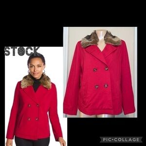 Chicos women’s large 12 coat jacket peacoat red faux fur collar stretch winter